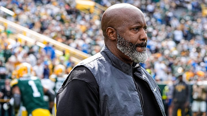 Detroit Lions general manager Brad Holmes watches warmups in the season opener in Week 1 at Lambeau Field in Green Bay, Wis., on Sunday, September 7, 2025.