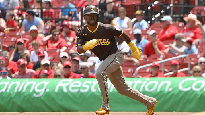 Jun 17, 2026; St. Louis, Missouri, USA; San Diego Padres left fielder Samad Taylor (0) takes off for second base against the St. Louis Cardinals at Busch Stadium. Mandatory Credit: Tim Vizer-Imagn Images