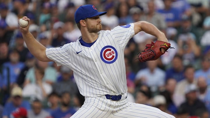 Aug 4, 2025; Chicago, Illinois, USA; Chicago Cubs pitcher Michael Soroka (41) throws the ball against the Cincinnati Reds during the first inning at Wrigley Field. Mandatory Credit: David Banks-Imagn Images