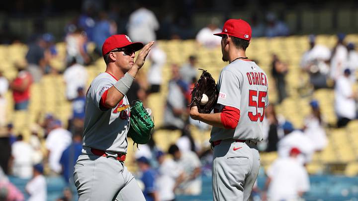 Aug 6, 2025; Los Angeles, California, USA; St. Louis Cardinals left fielder Lars Nootbaar (21) and relief pitcher Riley O'Brien (55) celebrate a win after defeating the Los Angeles Dodgers 5-3 at Dodger Stadium. Mandatory Credit: Kiyoshi Mio-Imagn Images Aug 6, 2025; Los Angeles, California, USA; St. Louis Cardinals left fielder Lars Nootbaar (21) and relief pitcher Riley O'Brien (55) celebrate a win after defeating the Los Angeles Dodgers 5-3 at Dodger Stadium. Mandatory Credit: Kiyoshi Mio-Imagn Images