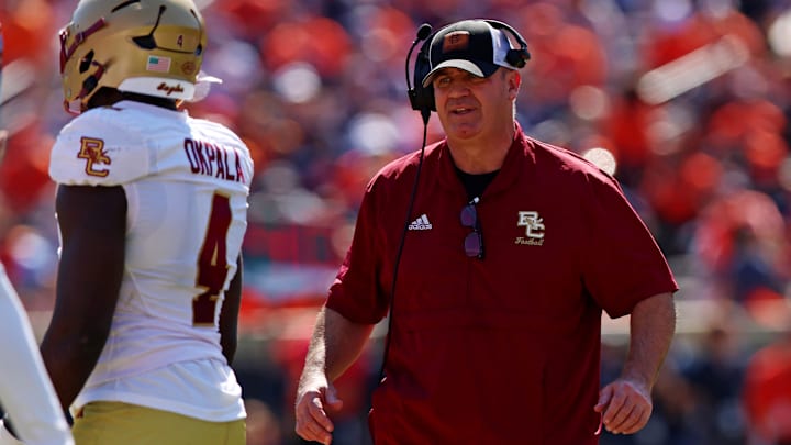 Oct 5, 2024; Charlottesville, Virginia, USA; Boston College Eagles head coach Bill O'Brien looks on during the second quarter against the Virginia Cavaliers at Scott Stadium. Mandatory Credit: Peter Casey-Imagn Images