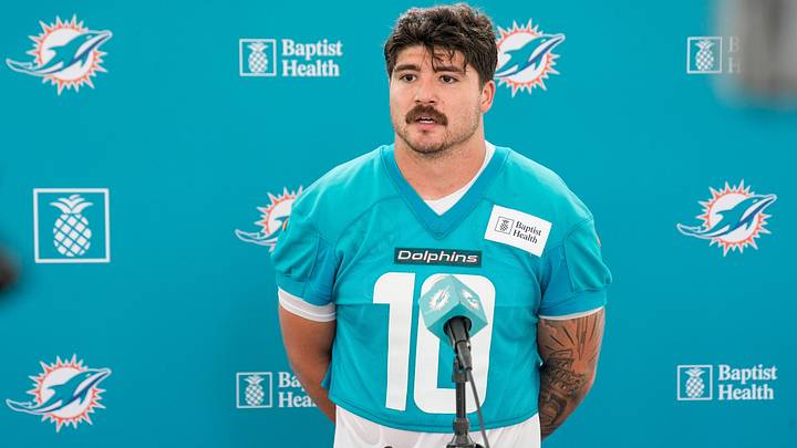 Miami Dolphins linebacker Jacob Rodriguez (10) talks to reporters at training camp at the Baptist Health Training Complex, Sunday, August 2, 2026 in Miami Gardens, FL. Miami Dolphins linebacker Jacob Rodriguez (10) talks to reporters at training camp at the Baptist Health Training Complex, Sunday, August 2, 2026 in Miami Gardens, FL.