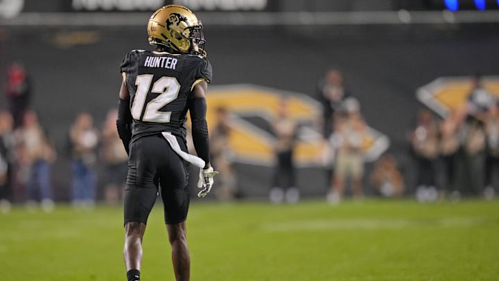 Sep 16, 2023; Boulder, Colorado, USA; Colorado Buffaloes cornerback Travis Hunter (12) at the line