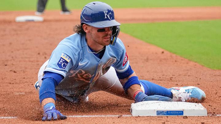 Aug 23, 2026; Kansas City, Missouri, USA; Kansas City Royals shortstop Bobby Witt Jr. (7) steals third base on a wild pitch against the Detroit Tigers during the second inning at Kauffman Stadium. Mandatory Credit: Denny Medley-Imagn Images Aug 23, 2026; Kansas City, Missouri, USA; Kansas City Royals shortstop Bobby Witt Jr. (7) steals third base on a wild pitch against the Detroit Tigers during the second inning at Kauffman Stadium. Mandatory Credit: Denny Medley-Imagn Images
