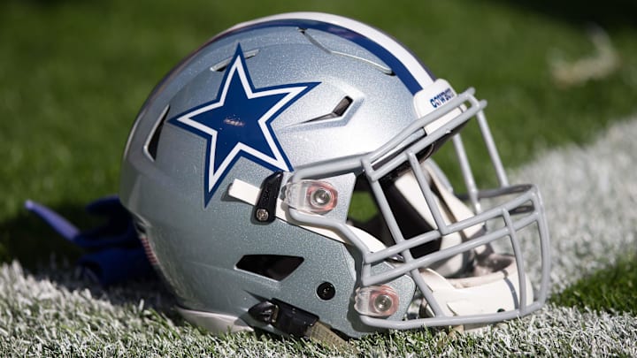 Oct 16, 2016; Green Bay, WI, USA;  A Dallas Cowboys helmet sits on the field prior to the game against the Green Bay Packers at Lambeau Field.  Dallas won 30-16.  Mandatory Credit: Jeff Hanisch-Imagn Images