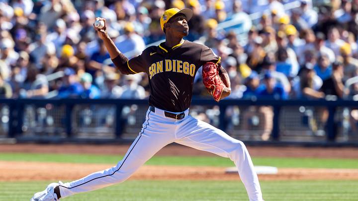 Feb 22, 2026; Peoria, Arizona, USA; San Diego Padres pitcher Triston McKenzie against the Los Angeles Dodgers during a spring training game at Peoria Sports Complex. Mandatory Credit: Mark J. Rebilas-Imagn Images