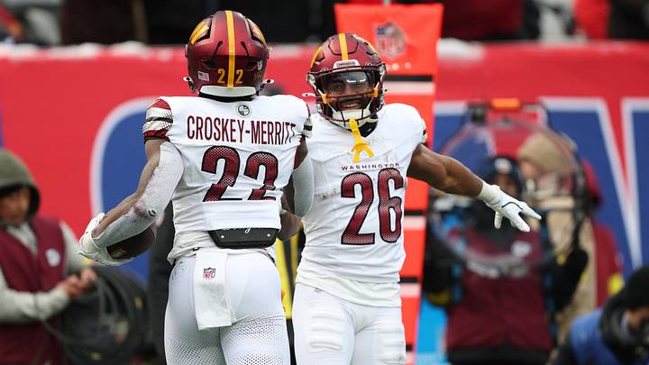 Dec 14, 2025; East Rutherford, New Jersey, USA; Washington Commanders running back Jeremy McNichols (26) congratulates running back Jacory Croskey-Merritt (22) for scoring a touchdown during the second quarter against the New York Giants at MetLife Stadium. Mandatory Credit: Vincent Carchietta-Imagn Images Dec 14, 2025; East Rutherford, New Jersey, USA; Washington Commanders running back Jeremy McNichols (26) congratulates running back Jacory Croskey-Merritt (22) for scoring a touchdown during the second quarter against the New York Giants at MetLife Stadium. Mandatory Credit: Vincent Carchietta-Imagn Images