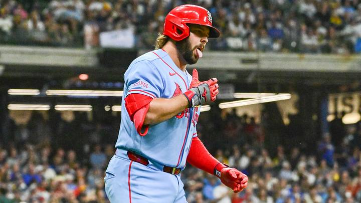 Sep 26, 2026; Milwaukee, Wisconsin, USA; St. Louis Cardinals first baseman Alec Burleson (41) reacts after hitting a solo home run in the third inning against the Milwaukee Brewers at American Family Field. Mandatory Credit: Benny Sieu-Imagn Images Sep 26, 2026; Milwaukee, Wisconsin, USA; St. Louis Cardinals first baseman Alec Burleson (41) reacts after hitting a solo home run in the third inning against the Milwaukee Brewers at American Family Field. Mandatory Credit: Benny Sieu-Imagn Images
