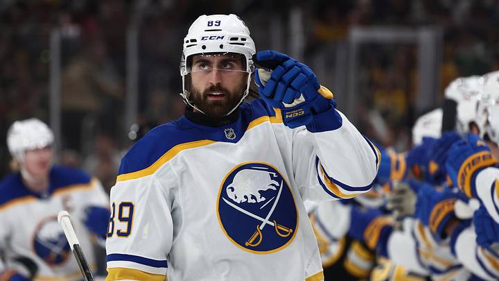 May 1, 2026; Boston, Massachusetts, USA; Buffalo Sabres right wing Alex Tuch (89) points to his goaltender after being congratulated at the bench after scoring against the Boston Bruins during the first period of game six of the first round of the 2026 Stanley Cup Playoffs at TD Garden. Mandatory Credit: Winslow Townson-Imagn Images May 1, 2026; Boston, Massachusetts, USA; Buffalo Sabres right wing Alex Tuch (89) points to his goaltender after being congratulated at the bench after scoring against the Boston Bruins during the first period of game six of the first round of the 2026 Stanley Cup Playoffs at TD Garden. Mandatory Credit: Winslow Townson-Imagn Images