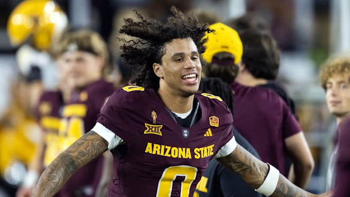 Nov 28, 2025; Tempe, Arizona, USA; Arizona State Sun Devils wide receiver Jordyn Tyson (0) against the Arizona Wildcats during the 99th Territorial Cup at Mountain America Stadium. Mandatory Credit: Mark J. Rebilas-Imagn Images Nov 28, 2025; Tempe, Arizona, USA; Arizona State Sun Devils wide receiver Jordyn Tyson (0) against the Arizona Wildcats during the 99th Territorial Cup at Mountain America Stadium. Mandatory Credit: Mark J. Rebilas-Imagn Images