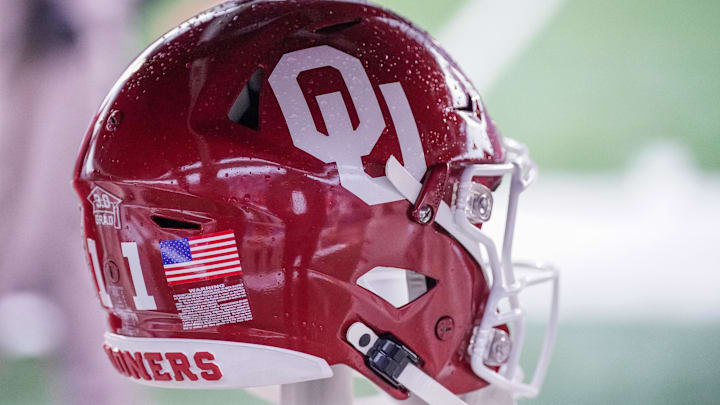 A general view of an Oklahoma Sooners helmet