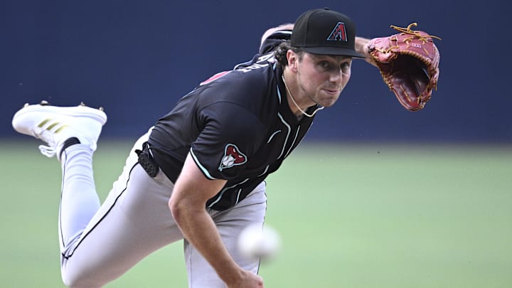 Jul 6, 2024; San Diego, California, USA; Arizona Diamondbacks starting pitcher Brandon Pfaadt (32) pitches against the San Diego Padres during the first inning at Petco Park. Mandatory Credit: Orlando Ramirez-Imagn Images Jul 6, 2024; San Diego, California, USA; Arizona Diamondbacks starting pitcher Brandon Pfaadt (32) pitches against the San Diego Padres during the first inning at Petco Park. Mandatory Credit: Orlando Ramirez-Imagn Images