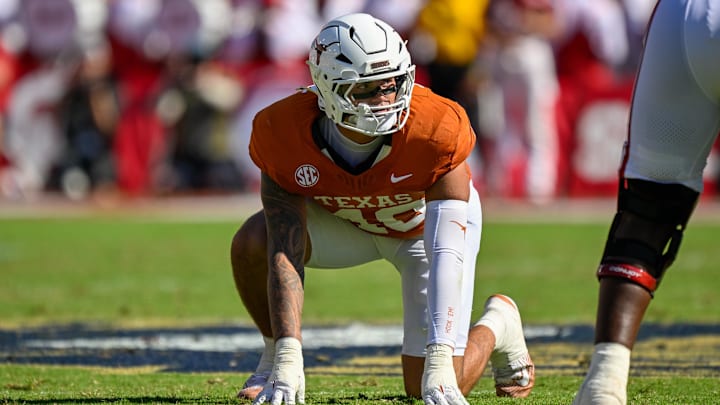 Oct 11, 2025; Dallas, Texas, USA; Texas Longhorns defensive end Lance Jackson (40) during the game between the Texas Longhorns and the Oklahoma Sooners at the Cotton Bowl. Mandatory Credit: Jerome Miron-Imagn Images
