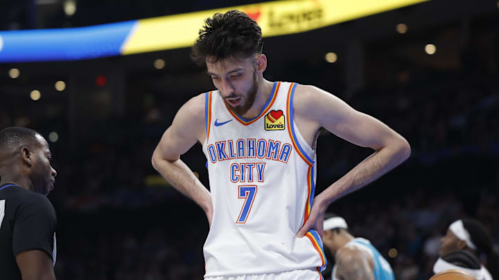 Jan 5, 2026; Oklahoma City, Oklahoma, USA; Oklahoma City Thunder center Chet Holmgren (7) reacts after a play against the Charlotte Hornets during the second half at Paycom Center. Mandatory Credit: Alonzo Adams-Imagn Images Jan 5, 2026; Oklahoma City, Oklahoma, USA; Oklahoma City Thunder center Chet Holmgren (7) reacts after a play against the Charlotte Hornets during the second half at Paycom Center. Mandatory Credit: Alonzo Adams-Imagn Images