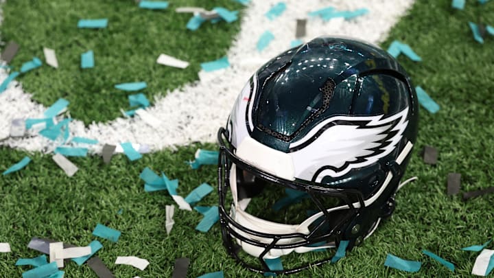 Feb 9, 2025; New Orleans, LA, USA; A Philadelphia Eagles player's helmet rests on the field after Super Bowl LIX against the Kansas City Chiefs at Caesars Superdome. Mandatory Credit: Geoff Burke-Imagn Images