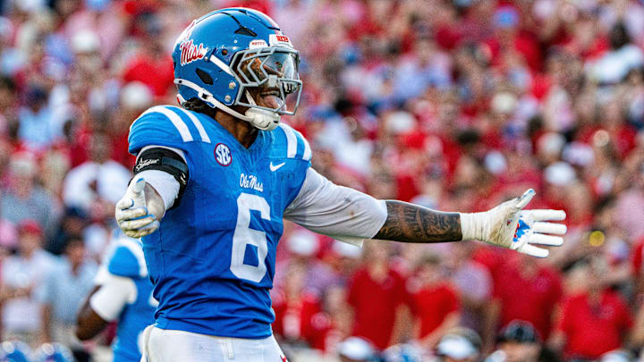 Ole Miss linebacker TJ Dottery (6) celebrates during a college football game between Ole Miss and LSU at Vaught-Hemingway Stadium in Oxford, Miss., on Saturday, Sept. 27, 2025. Ole Miss defeated LSU 24-19.