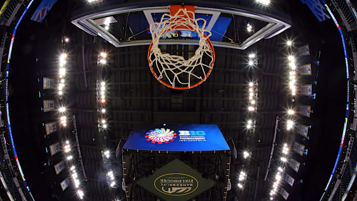 Mar 4, 2017; Indianapolis, IN, USA; A view of the Big Ten Conference Tournament logo on the scoreboard prior to the game of the Ohio State Buckeyes against the Purdue Boilermakers at Bankers Life Fieldhouse. Mandatory Credit: Aaron Doster-Imagn Images