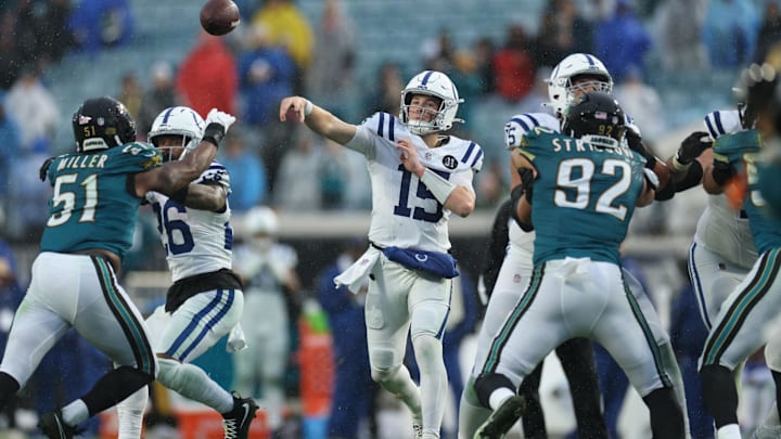 Dec 7, 2025; Jacksonville, Florida, USA;  Indianapolis Colts quarterback Riley Leonard (15) throws downfield against the Jacksonville Jaguars during the second half at EverBank Stadium. Mandatory Credit: Matt Pendleton-Imagn Images