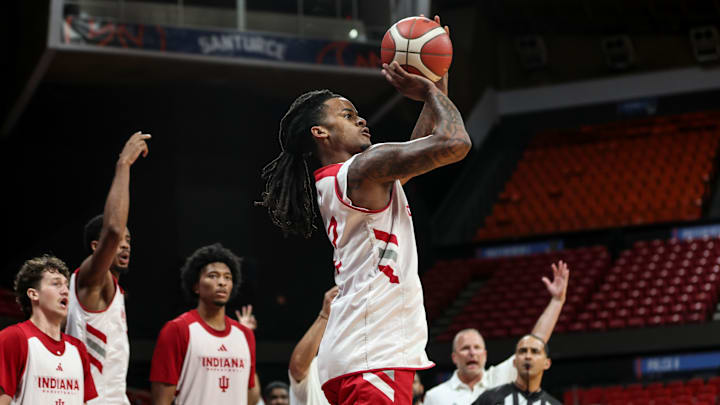 Indiana basketball senior guard Lamar Wilkerson shoots a 3-pointer Aug. 9, 2025, against Mega Superbet in San Juan, Puerto Rico. IU won 93-71.