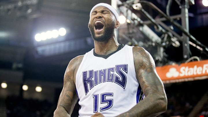 Nov 11, 2015; Sacramento, CA, USA; Sacramento Kings forward DeMarcus Cousins (15) reacts after a play against the Detroit Pistons during the fourth quarter at Sleep Train Arena. The Sacramento Kings defeated the Detroit Pistons 101-92. Mandatory Credit: Kelley L Cox-Imagn Images Nov 11, 2015; Sacramento, CA, USA; Sacramento Kings forward DeMarcus Cousins (15) reacts after a play against the Detroit Pistons during the fourth quarter at Sleep Train Arena. The Sacramento Kings defeated the Detroit Pistons 101-92. Mandatory Credit: Kelley L Cox-Imagn Images