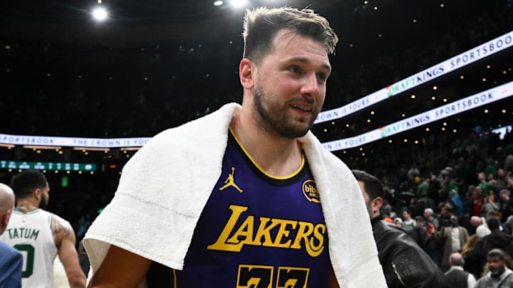 Mar 8, 2025; Boston, Massachusetts, USA; Los Angeles Lakers guard Luka Doncic (77) walks off of the court after a game against the Boston Celtics at the TD Garden. Mandatory Credit: Brian Fluharty-Imagn Images