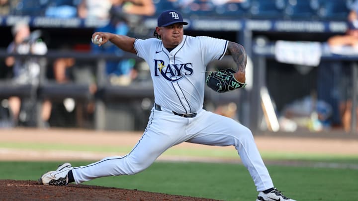 Tampa, Florida, USA; Tampa Bay Rays pitcher Manuel Rodriguez (39) throws a pitch against the Miami Marlins in the eighth inning  at George M. Steinbrenner Field.