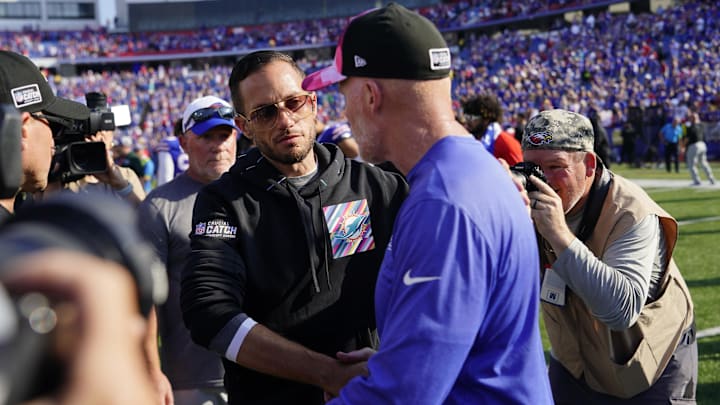 Oct 1, 2023; Orchard Park, New York, USA; Miami Dolphins head coach Mike McDaniel shakes hands with Buffalo Bills head coach Sean McDermott Oct 1, 2023; Orchard Park, New York, USA; Miami Dolphins head coach Mike McDaniel shakes hands with Buffalo Bills head coach Sean McDermott