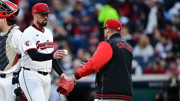 Oct 18, 2026: Cleveland Guardians pitcher Shawn Armstrong (43) leaves the mound in the fifth inning in game five of the ALCS for the 2026 MLB Playoffs at Progressive Field. Credit: David Dermer-Imagn Images