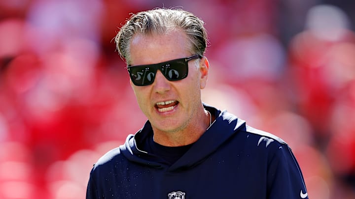 September 24, 2023; Kansas City, MO; Bears head coach Matt Eberflus ahead of Chicago's Week 3 matchup with the Kansas City Chiefs