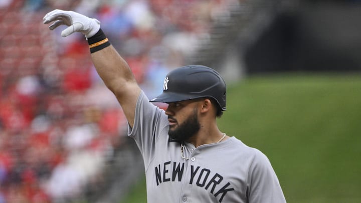 Aug 16, 2025; St. Louis, Missouri, USA; New York Yankees left fielder Jasson Dominguez (24) reacts after hitting a one run single against the St. Louis Cardinals during the first inning at Busch Stadium. Aug 16, 2025; St. Louis, Missouri, USA; New York Yankees left fielder Jasson Dominguez (24) reacts after hitting a one run single against the St. Louis Cardinals during the first inning at Busch Stadium.