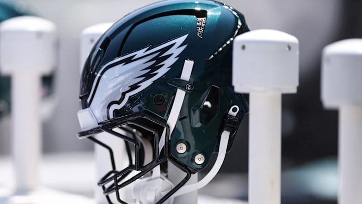Aug 16, 2025; Philadelphia, Pennsylvania, USA; Philadelphia Eagles helmet on the bench during a game against the Cleveland Browns at Lincoln Financial Field. Mandatory Credit: Bill Streicher-Imagn Images