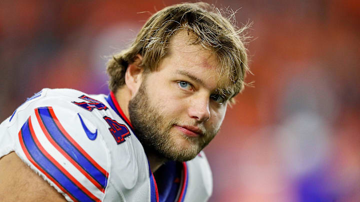 Nov 5, 2023; Cincinnati, Ohio, USA; Buffalo Bills offensive tackle Ryan Van Demark (74) stretches during warmups before the game against the Cincinnati Bengals at Paycor Stadium.