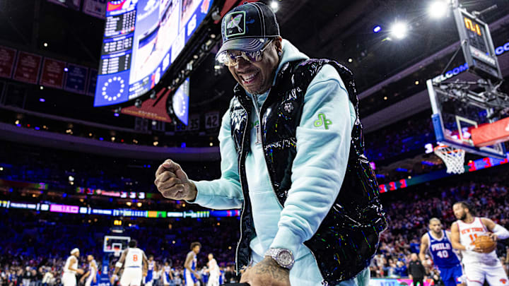 Apr 25, 2024; Philadelphia, Pennsylvania, USA; Former Philadelphia 76ers and hall of fame member Allen Iverson reacts after a 76ers score against the New York Knicks during the second half of game three of the first round for the 2024 NBA playoffs at Wells Fargo Center. Mandatory Credit: Bill Streicher-Imagn Images