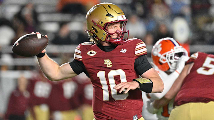 Oct 11, 2025; Chestnut Hill, Massachusetts, USA; Boston College Eagles quarterback Shaker Reisig (10) throws a pass during the second half against the Clemson Tigers at Alumni Stadium. Mandatory Credit: Eric Canha-Imagn Images