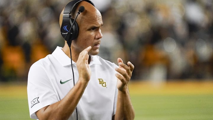 Sep 2, 2023; Waco, Texas, USA; Baylor Bears head coach Dave Aranda on the side lines during the second half against the Texas State Bobcats at McLane Stadium. Mandatory Credit: Raymond Carlin III-Imagn Images