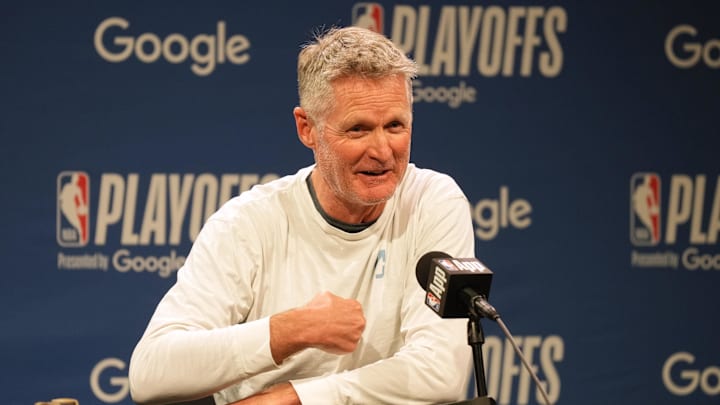 Apr 26, 2025; San Francisco, California, USA; Golden State Warriors head coach Steve Kerr talks to media members before game three of first round for the 2024 NBA Playoffs against the Houston Rockets at Chase Center. Mandatory Credit: Darren Yamashita-Imagn Images