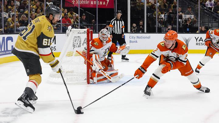 Anaheim Ducks' Jackson LaCombe (2) defends against Vegas Golden Knights' Mark Stone (61) in the first period at T-Mobile Arena. Mandatory Credit: Boz Bloom-Imagn Images Anaheim Ducks' Jackson LaCombe (2) defends against Vegas Golden Knights' Mark Stone (61) in the first period at T-Mobile Arena. Mandatory Credit: Boz Bloom-Imagn Images