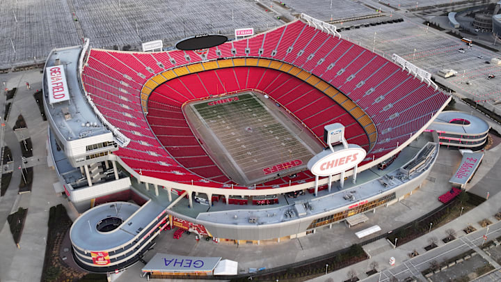 Feb 14, 2024; Kansas City, MO, USA; A general overall aerial view of Arrowhead Stadium at the Truman Sports Complex. Mandatory Credit: Kirby Lee-Imagn Images