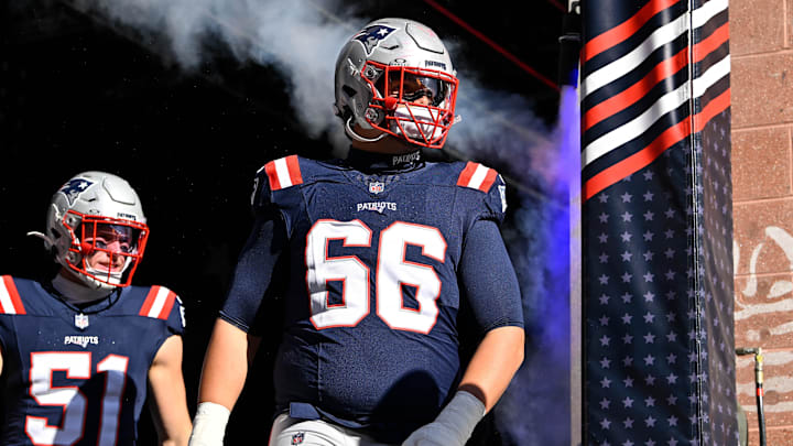 Nov 2, 2025; Foxborough, Massachusetts, USA; New England Patriots offensive tackle Will Campbell (66) walks out of the player's tunnel before a game against the Atlanta Falcons at Gillette Stadium. Mandatory Credit: Eric Canha-Imagn Images