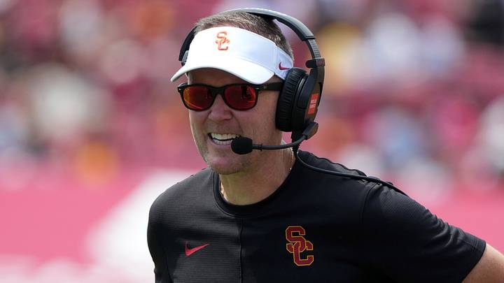 Aug 29, 2026; Los Angeles, California, USA; Southern California Trojans head coach Lincoln Riley reacts against the San Jose State Spartans in the first half at United Airlines Field at Los Angeles Memorial Coliseum. Mandatory Credit: Kirby Lee-Imagn Images