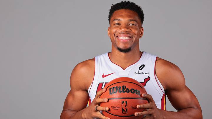 Miami Heat forward Giannis Antetokounmpo (7) poses (Mandatory Credit: Sam Navarro-Imagn Images)