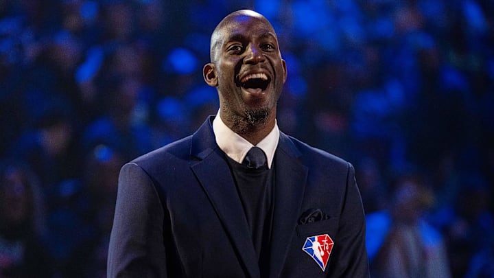 February 20, 2022; Cleveland, Ohio, USA; NBA great Kevin Garnett is honored for being selected to the NBA 75th Anniversary Team during halftime in the 2022 NBA All-Star Game at Rocket Mortgage FieldHouse. Mandatory Credit: Kyle Terada-Imagn Images February 20, 2022; Cleveland, Ohio, USA; NBA great Kevin Garnett is honored for being selected to the NBA 75th Anniversary Team during halftime in the 2022 NBA All-Star Game at Rocket Mortgage FieldHouse. Mandatory Credit: Kyle Terada-Imagn Images