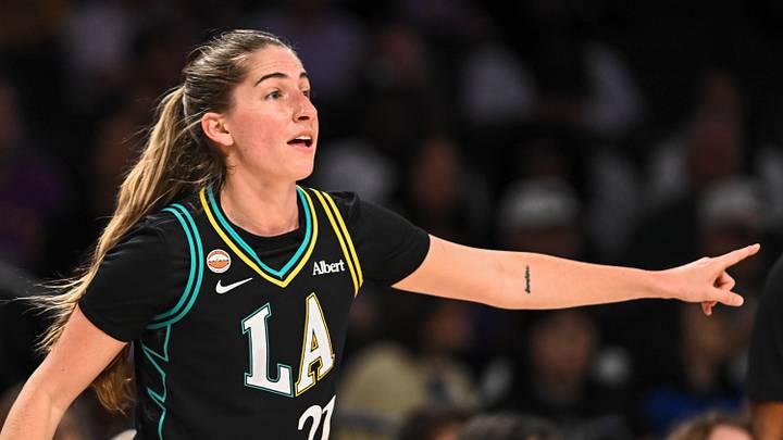 Jul 10, 2026; Los Angeles, California, USA; Los Angeles Sparks guard Kate Martin (21) reacts against the Chicago Sky during the first half at Crypto.com Arena. Mandatory Credit: Jonathan Hui-Imagn Images