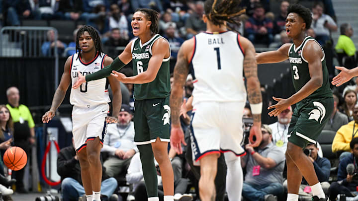 Oct 28, 2025; Hartford, CT, USA; Michigan State Spartans forward Jordan Scott (6) and Michigan State Spartans forward Cam Ward (3) react to a call during the second half against the Connecticut Huskies at PeoplesBank Arena. Mandatory Credit: Mark Smith-Imagn Images Oct 28, 2025; Hartford, CT, USA; Michigan State Spartans forward Jordan Scott (6) and Michigan State Spartans forward Cam Ward (3) react to a call during the second half against the Connecticut Huskies at PeoplesBank Arena. Mandatory Credit: Mark Smith-Imagn Images