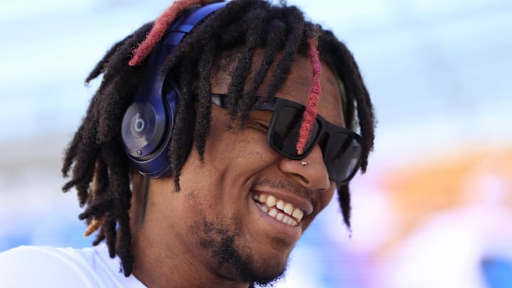 Indianapolis Colts backup quarterback Anthony Richardson laughs