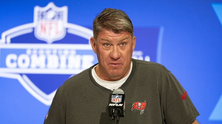Feb 27, 2024; Indianapolis, IN, USA; Tampa Bay Buccaneers general manager Jason Licht talks to the