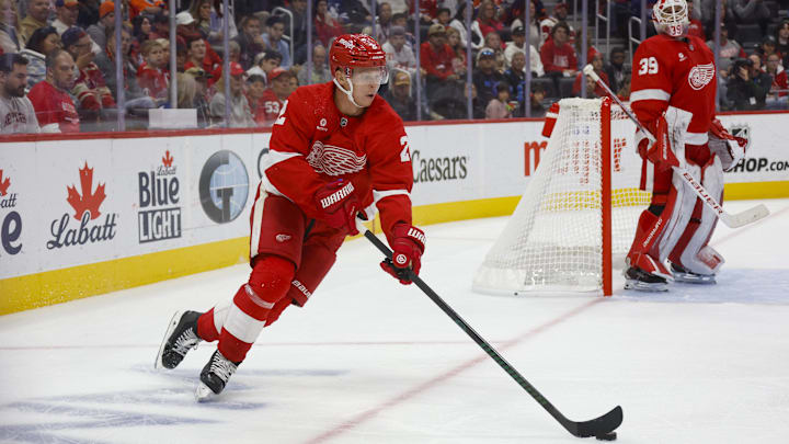Oct 27, 2024; Detroit, Michigan, USA; Detroit Red Wings defenseman Olli Maatta (2) handles the puck during the third period of the game against the Edmonton Oilers at Little Caesars Arena. Mandatory Credit: Brian Bradshaw Sevald-Imagn Images