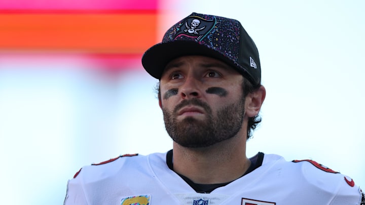 Tampa Bay Buccaneers quarterback Baker Mayfield (6) stands on the field during the second quarter against the San Francisco 49ers