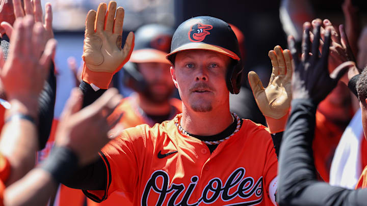 Mar 11, 2025; Tampa, Florida, USA; Baltimore Orioles first baseman Ryan Mountcastle (6) celebrates after hitting a three run home run against the New York Yankees in the first inning during spring training at George M. Steinbrenner Field. 