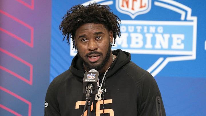 Feb 28, 2025; Indianapolis, IN, USA; Tennessee running back Dylan Sampson (RB26) talks to the press during the 2025 NFL Combine at Indiana Convention Center. Mandatory Credit: Stephanie Amador Blondet-Imagn Images